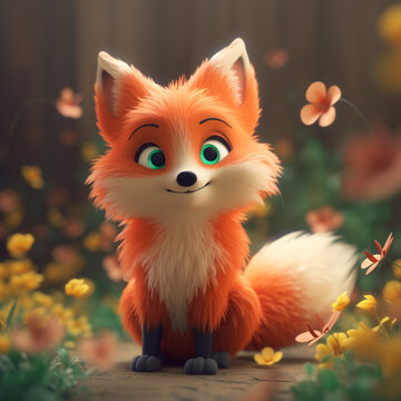 A fox with green eyes sits in a flowery garden.