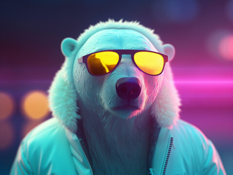 A polar bear wearing sunglasses and a jacket with the word polar on it.