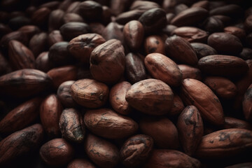 Naklejka premium Close-up of bunch of cocoa beans almond-shaped seeds, an ingredient in chocolate. Generative AI