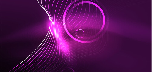 Neon lines and waves abstract background. Techno glowing neon shapes vector illustration for wallpaper, banner, background, landing page, wall art, invitation, prints, posters