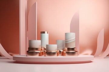 Fototapeta na wymiar Abstract stage with four white podiums on pastel pink and gold background. Pedestal for cosmetic product display mockups. Generative AI