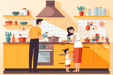 illustration of a family cooking together, Generative AI