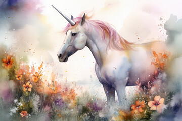 Fototapeta na wymiar a stunning watercolor portrait of a unicorn standing in a sun-kissed meadow, surrounded by delicate spring flowers, Generative Ai