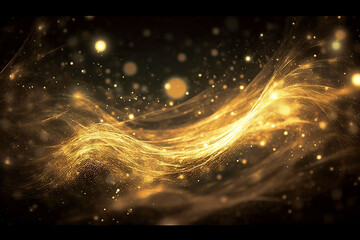 Fototapeta na wymiar Golden Ethereal Swirls on Black Background. Spiral Light Effects