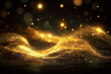 Golden Ethereal Swirls on Black Background. Spiral Light Effects