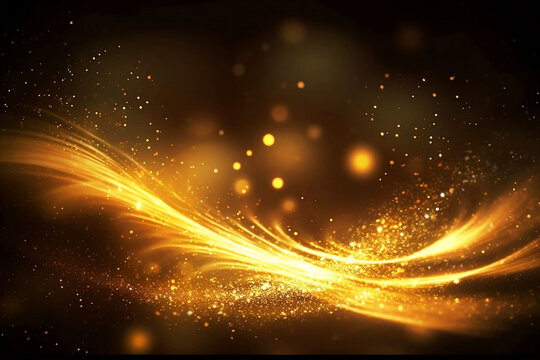 Golden Ethereal Swirls on Black Background. Spiral Light Effects