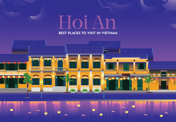 vector hoi an vietnam ancient city illustration background - obrazy, fototapety, plakaty