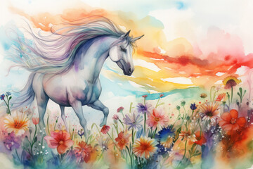 Obraz na płótnie Canvas a stunning watercolor portrait of a unicorn and Pegasus galloping through a field of vibrant flowers, with a rainbow streaking across the sky behind them, Generative Ai