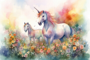 Obraz na płótnie Canvas a magical watercolor artwork of a unicorn and Pegasus standing side by side in a field of blooming wildflowers, with a brilliant rainbow shining above, Generative Ai