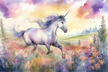 Fototapeta na wymiar a dreamy watercolor image of a unicorn and Pegasus prancing through a field of lavender flowers, with a rainbow shining in the sky above, Generative Ai