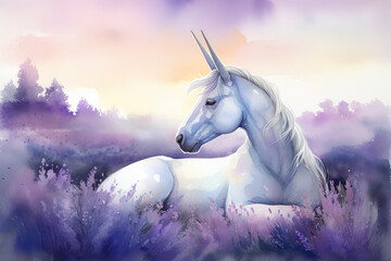 Obraz na płótnie Canvas a dreamy watercolor painting of a unicorn resting in a field of lavender with a soft, pastel-colored sky above, Generative Ai