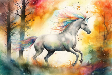 Naklejka na ściany i meble Illustrate a magical watercolor artwork of a unicorn running through a forest of colorful trees with a rainbow waterfall in the background, Generative Ai