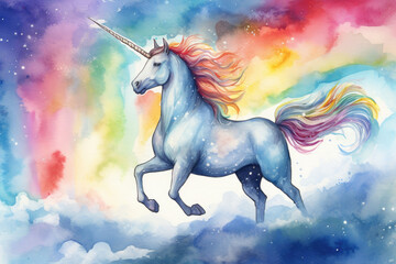 Fototapeta na wymiar Illustrate a stunning watercolor artwork of a unicorn in flight with a trail of rainbows behind it, soaring through a bright blue sky