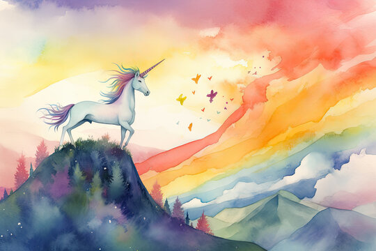 Paint a whimsical watercolor of a unicorn standing on a mountaintop, with a rainbow stretching across the sky and a flock of birds soaring above, Generative Ai