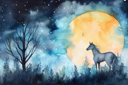 Paint a mystical watercolor of a unicorn gazing at a full moon in a starry sky while surrounded by a field of glowing fireflies, Generative Ai