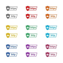  HTTP and HTTPS protocols on shield icon isolated on white background. Set icons colorful