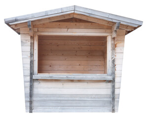 Wooden shed stall market stand or log cabin house isolated on white background. Object made of wood for selling stock