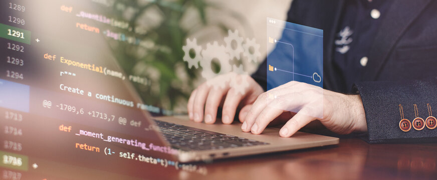 programmer at home writes programming code script on virtual screen