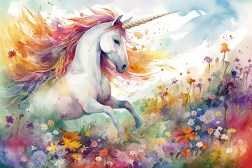 Naklejka na ściany i meble Bring the beauty of the spring season to life in a vibrant watercolor painting of a unicorn and a Pegasus, prancing through a meadow of colorful flowers, with a rainbow in the sky above