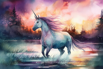 Obraz na płótnie Canvas a mystical watercolor artwork of a unicorn galloping through a forest filled with twinkling fireflies