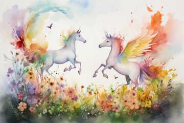 Fototapeta na wymiar Bring the magic of a unicorn and Pegasus duo to life in a colorful watercolor artwork, with the two creatures standing together amidst a field of spring blooms, and a rainbow arching above them
