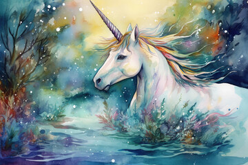 Naklejka na ściany i meble Paint a vibrant watercolor image of a unicorn with a glittering horn, frolicking in a sparkling stream with a school of fish