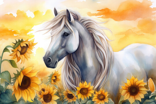 Paint a delicate watercolor portrait of a unicorn with a flowing mane standing in a field of sunflowers, with a bright summer sky above