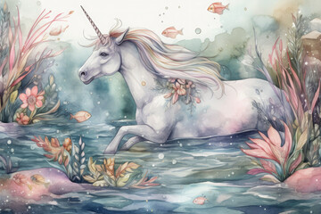 Fototapeta na wymiar Design a watercolor image of a unicorn playing in a crystal clear stream with a few fish swimming around it