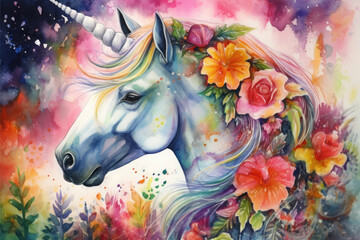 Paint a watercolor artwork of a unicorn with a glittery horn standing in a magical garden of colorful flowers and plants