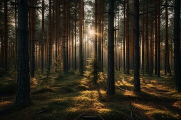 Forest of pine trees in the evening light. Generative AI