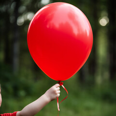 red balloon in unrecognisable child hand on park background. generative ai