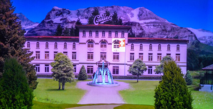 Switzerland, Cailler chocoloate factory, Broc - 26 December 2010 : A painting of Cailler chocloate factory in Broc, Switzerland