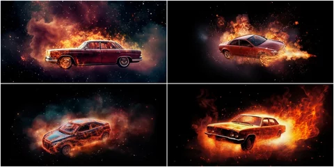 Foto op Plexiglas An animated cartoon with a burning car flying through the universe Action-adventure with colorful characters and unexpected plot twists Entertainment for children and adults © Татьяна Мищенко