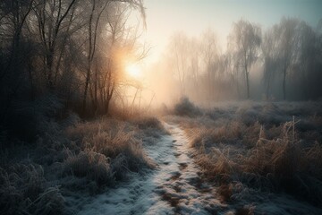 Obraz na płótnie Canvas A forest path blanketed in snow during sunrise in winter. Generative AI