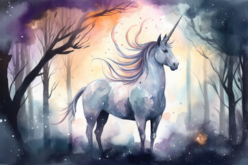 Obraz na płótnie Canvas a watercolor picture of a unicorn in a dark, eerie forest with glowing eyes, surrounded by twisted trees and vines