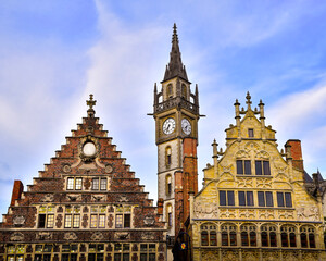Fototapeta na wymiar Ghent houses with bell tower in the background