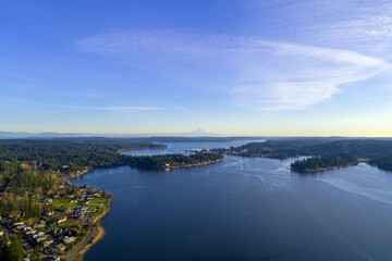 Aerial view of Mount Rainier and Liberty Bay from Poulsbo, Washington