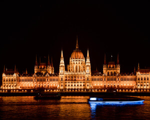 Panoramic view of illumination of the Budapest Parliament at night