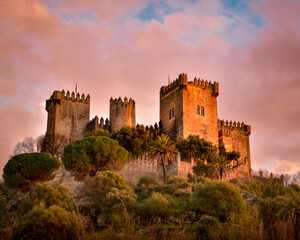 Medieval castle on top of a hill at sunset