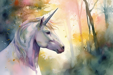 Fototapeta na wymiar a watercolor portrait of a unicorn in a serene forest clearing, with the light filtering through the trees in soft, dappled patterns