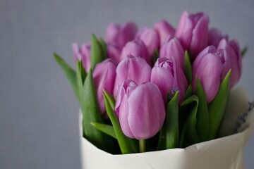 Bouquet of purple tulips with lavender
