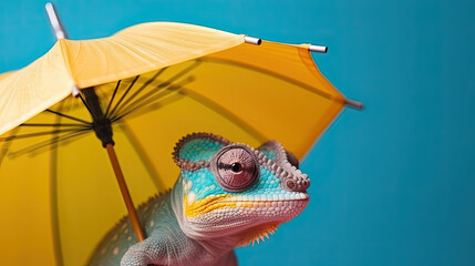 chameleon under an umbrella, pet influencer concept, blue background with copy space, generative ai illustration - obrazy, fototapety, plakaty
