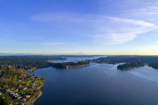 Aerial view of Mount Rainier and Liberty Bay from Poulsbo, Washington © Cavan