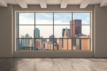 Plakat Downtown Chicago City Skyline Buildings from High Rise Window. Beautiful Expensive Real Estate overlooking. Epmty room Interior Skyscrapers View in Penthouse Cityscape. Sunrise. 3d rendering.