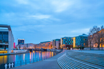 government quarter on the Spree river at night, Berlin, Germany