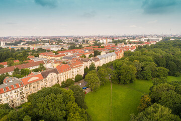 Fototapeta na wymiar Aerial view of Treptower park and the skyline of Berlin, Germany