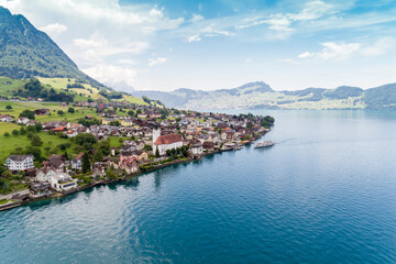 Fototapeta na wymiar Aerial view of Beckenried on Lake Lucern, Switzerland