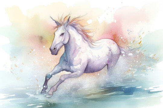 Draw a watercolor image of a unicorn galloping through a river, with the water droplets painted in soft, pastel colors