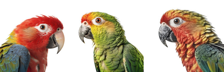 Three portraits of colorful parrots on a transparent background, Generative AI