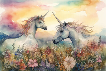 Plakat a watercolor artwork of a unicorn and a dragon, standing together in a field of wildflowers, with a rainbow sky in the background